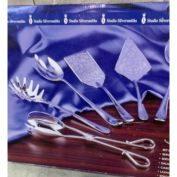 New Studio Silversmiths 5 Piece 12" Serving Set SilverPlated SaladTong SpoonFork - Picture 2 of 7